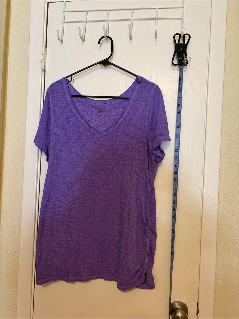 Lane Bryant Purple V-Neck Short Sleeve Top with Side Ruched Detail